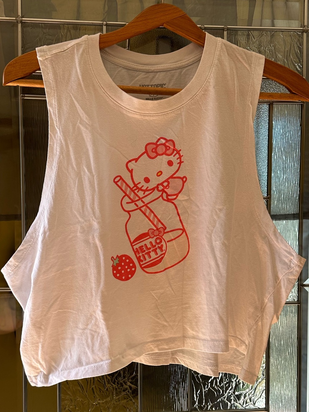 Hot Topic White Cropped Tank with Pink Hello Kitty Graphic